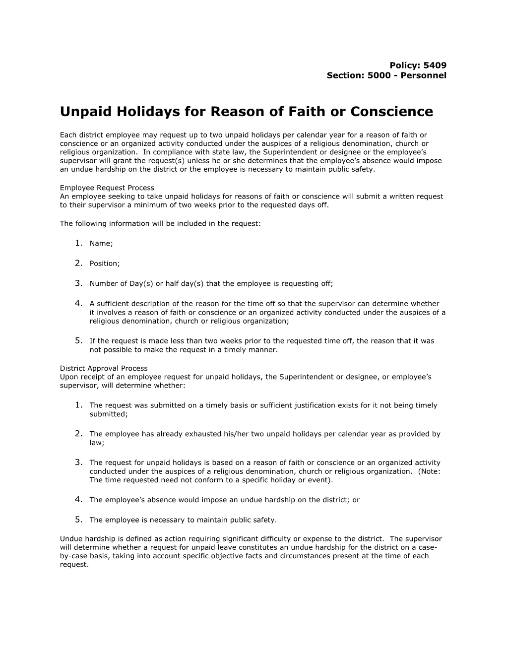 Unpaid Holidays for Reason of Faith Or Conscience