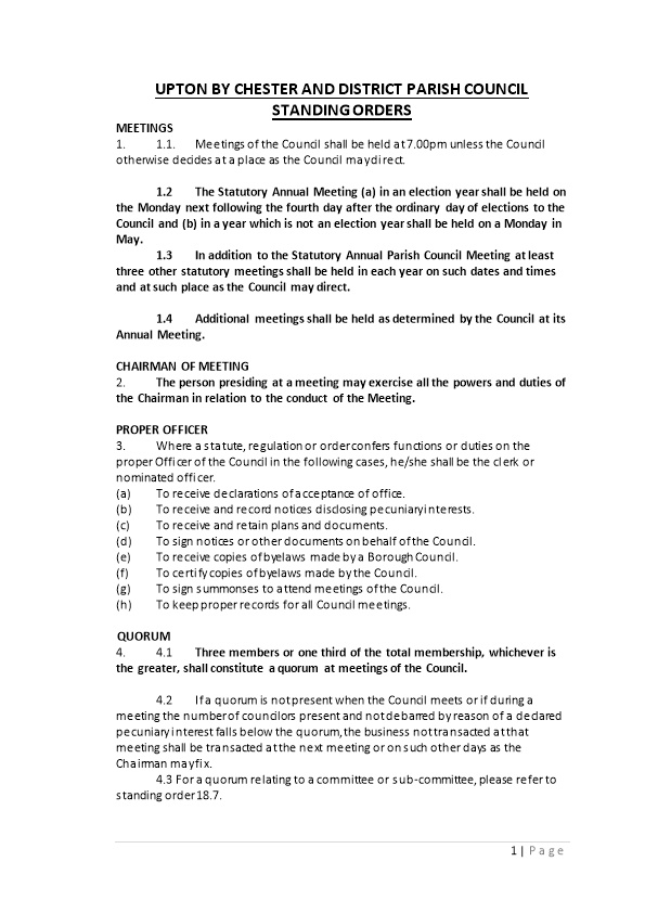 Upton by Chester and District Parish Council Standing Orders