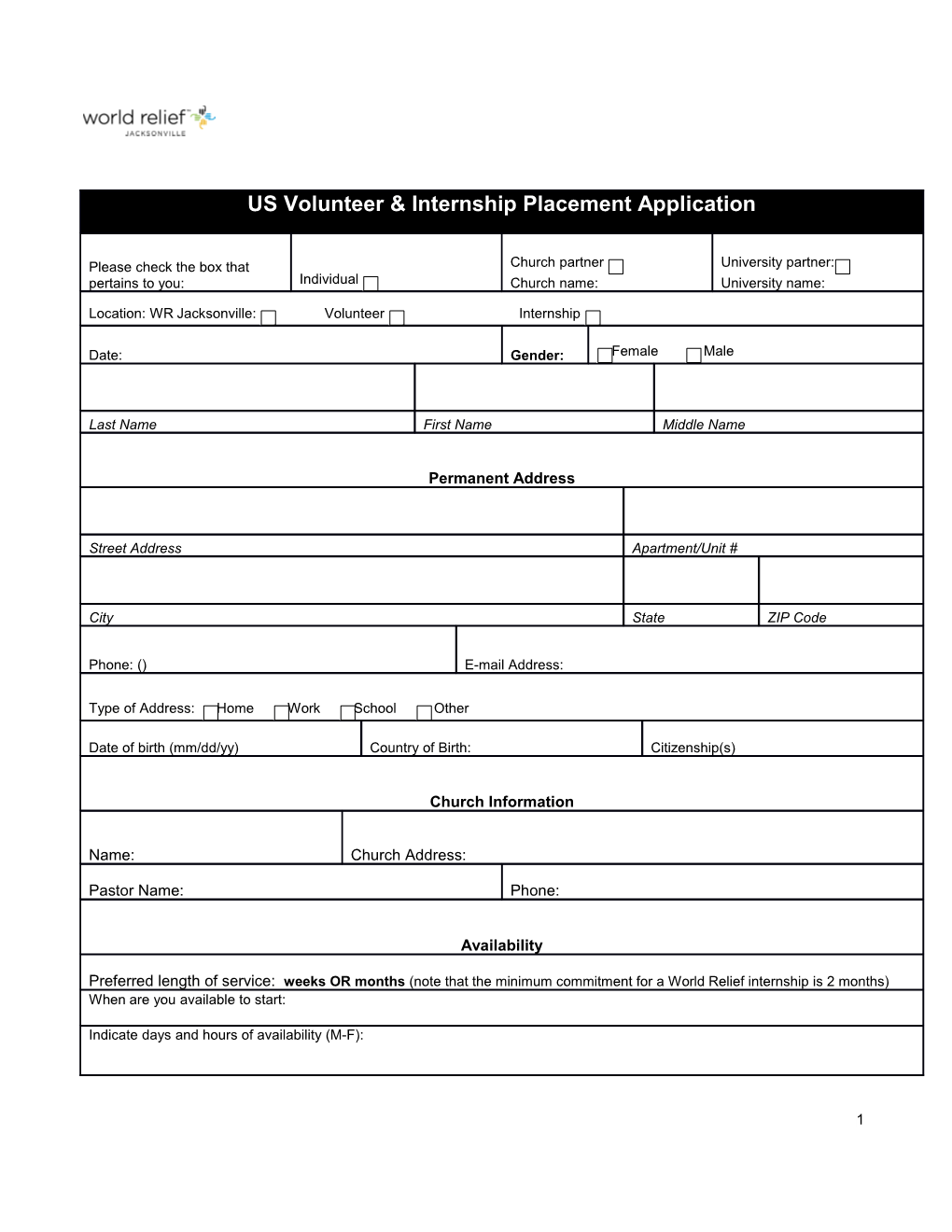US Volunteer & Internship Placement Application
