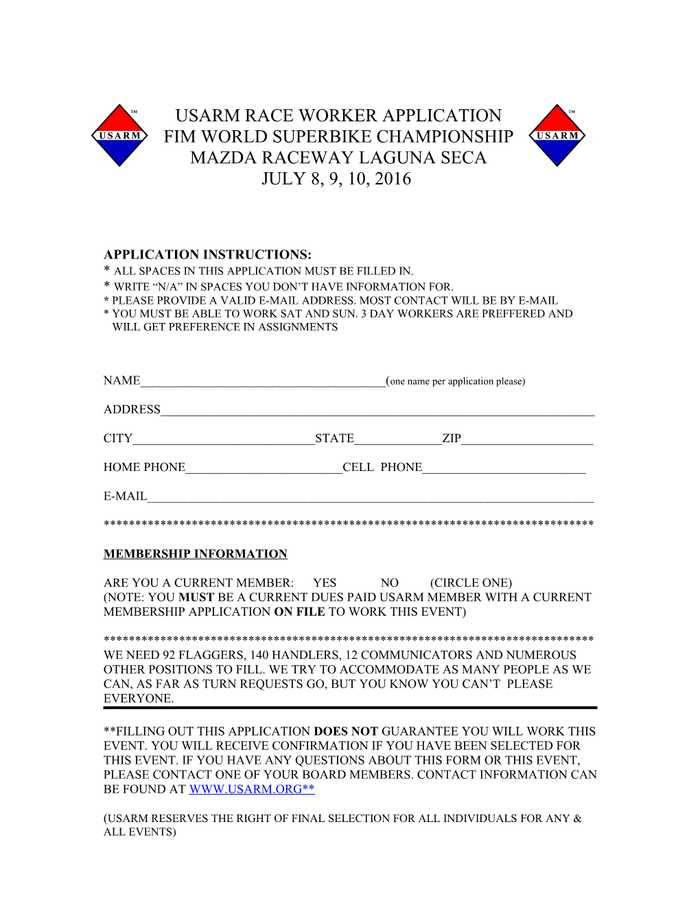 Usarm Race Worker Application