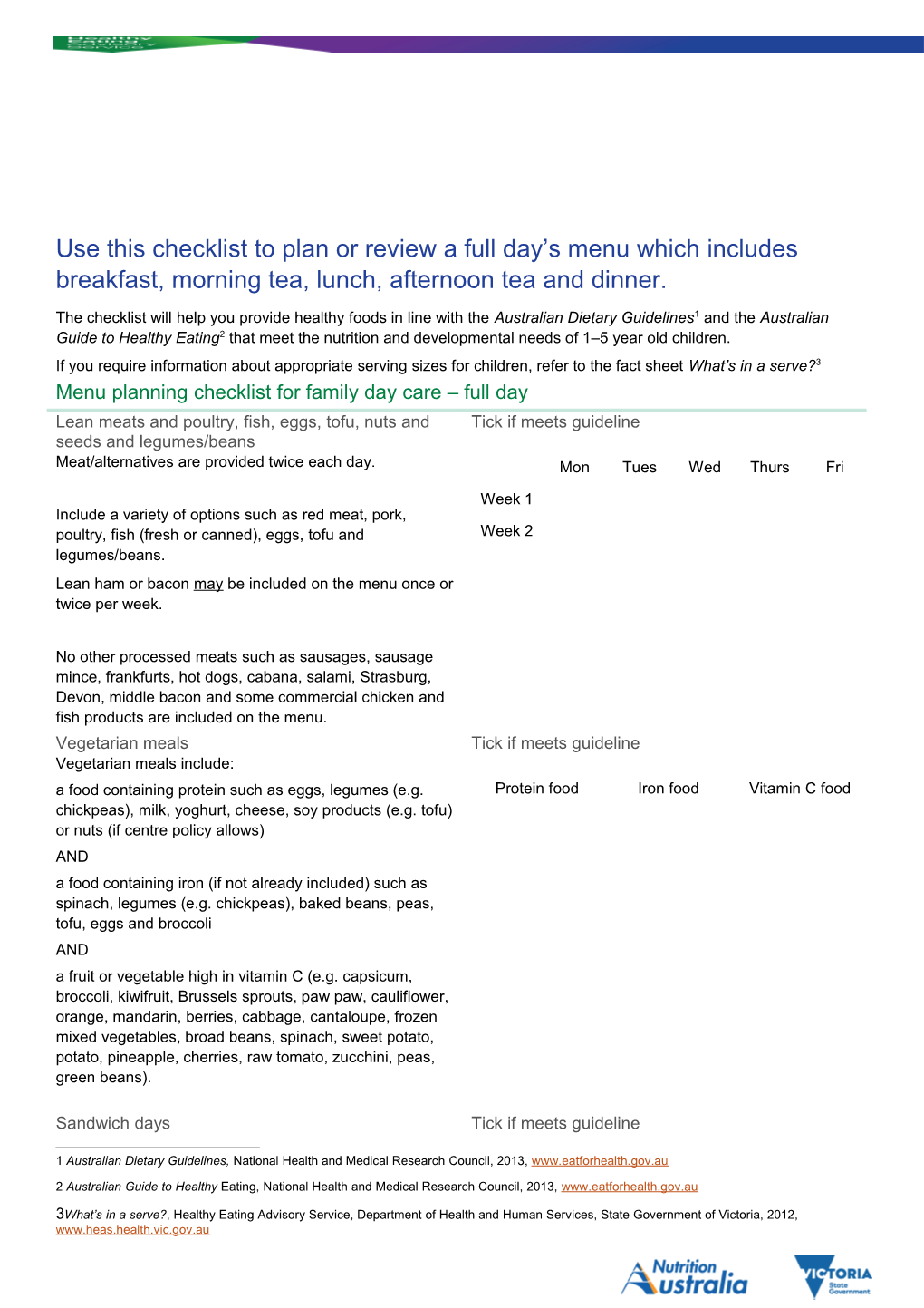 Use This Checklist to Plan Or Review a Full Day S Menu Which Includes Breakfast, Morning