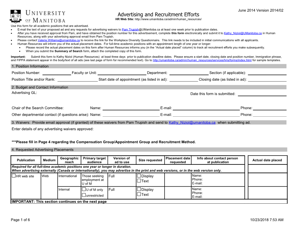 Use This Form for All Academic Positions That Are Advertised