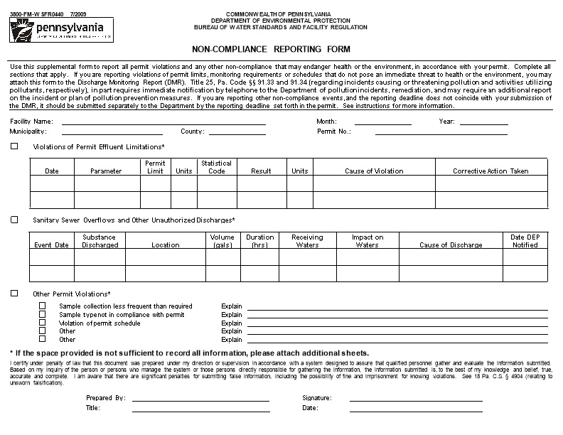 Use This Supplemental Form to Report All Permit Violations and Any Other Non-Compliance
