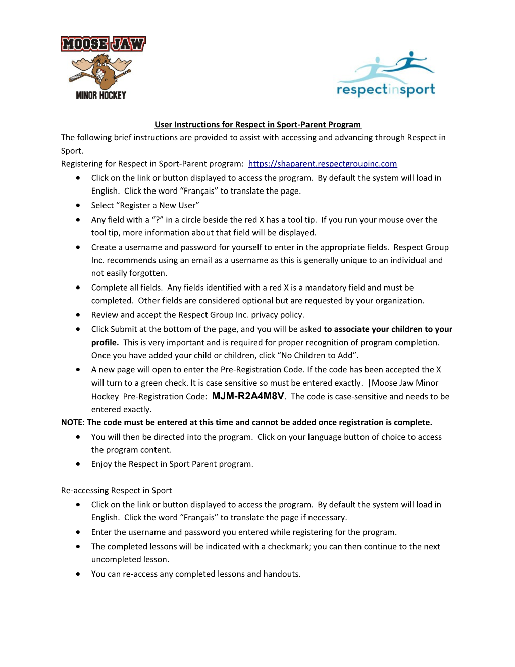 User Instructions for Respect in Sport-Parent Program