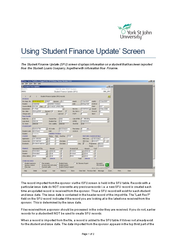 Using Student Finance Update SFU Screen