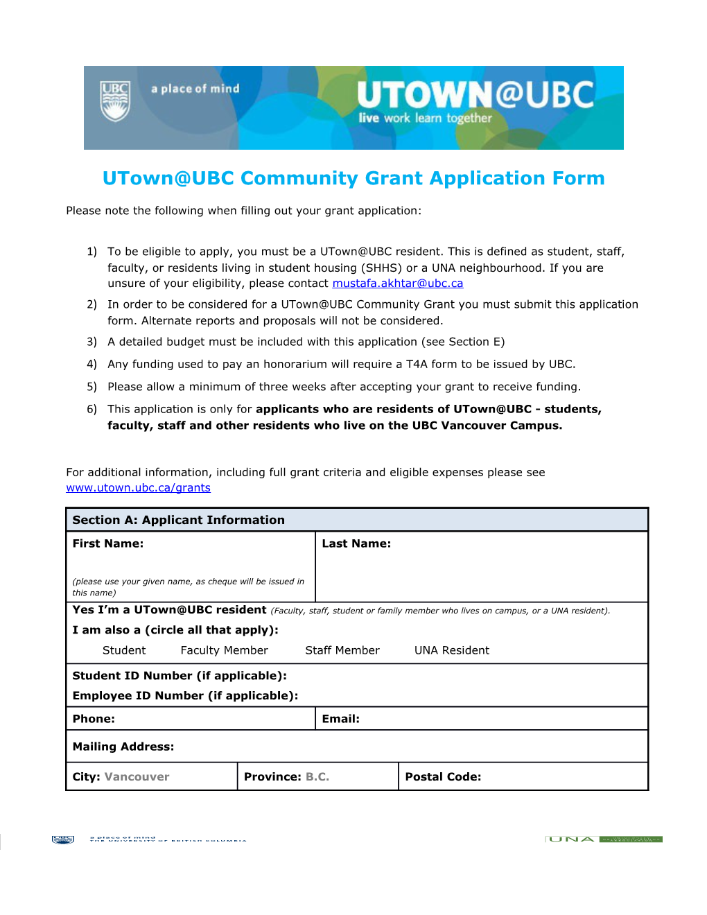 Utown Ubccommunity Grant Application Form