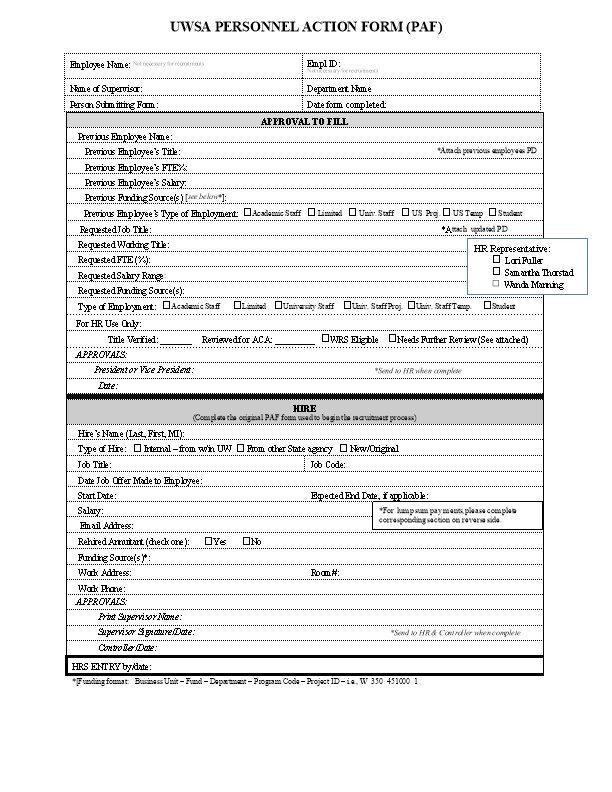 Uwsa Personnel Action Form (Paf)