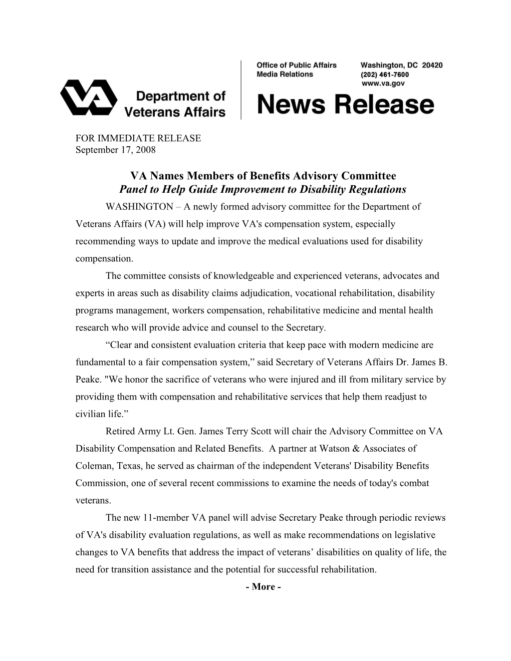 VA Names Members of Benefits Advisory Committee