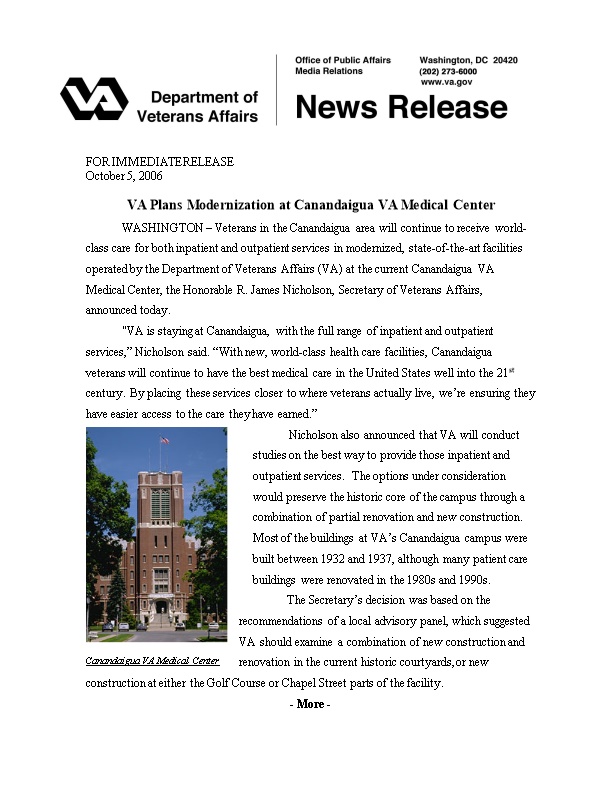 VA Plans Modernization at Canandaiguavamedicalcenter