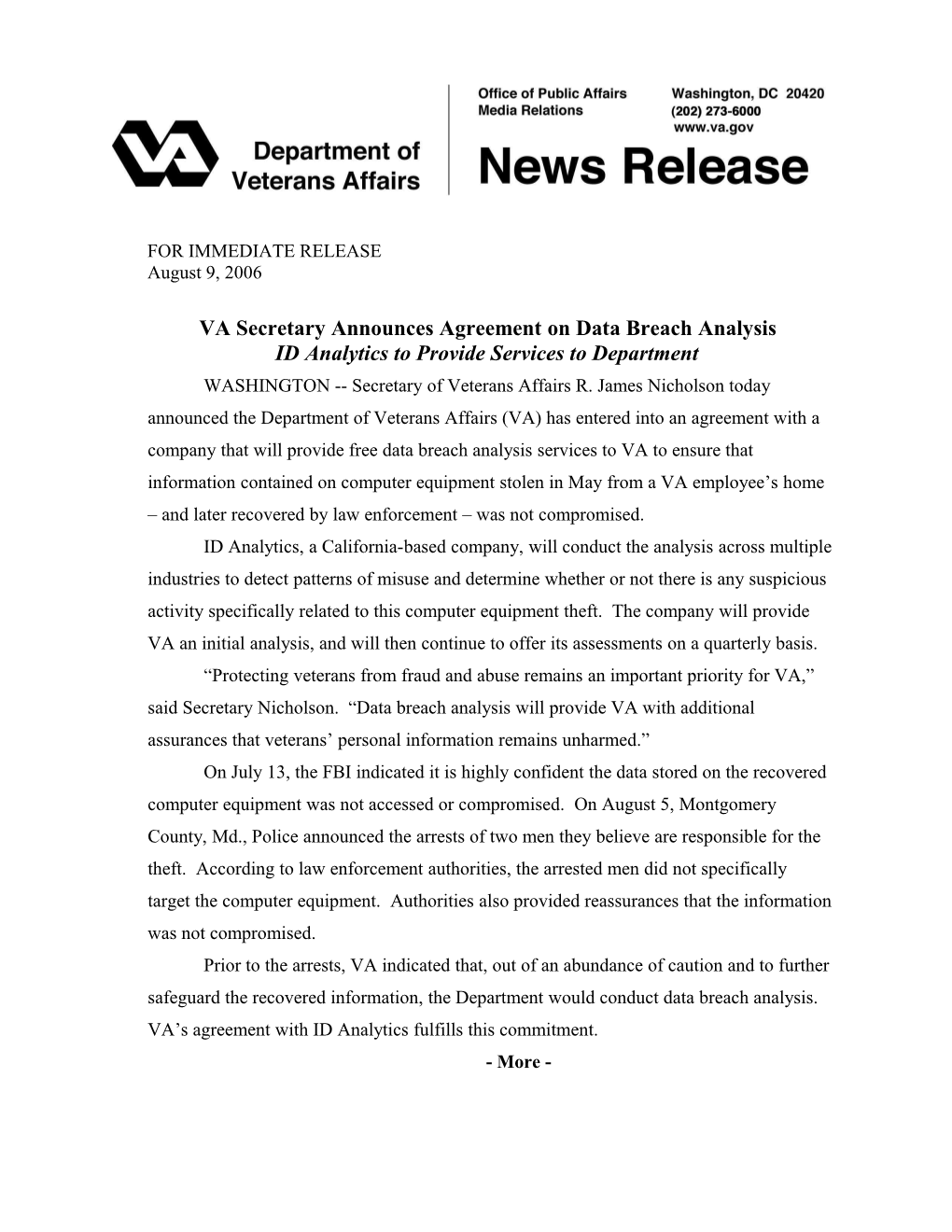VA Secretary Announces Agreement on Data Breach Analysis