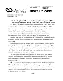 VA Secretary Establishes ALS As a Presumptive Compensable Illness