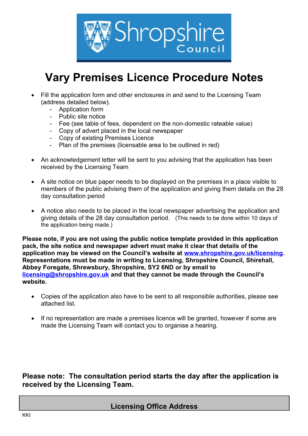 Vary Premises Licence Procedure Notes