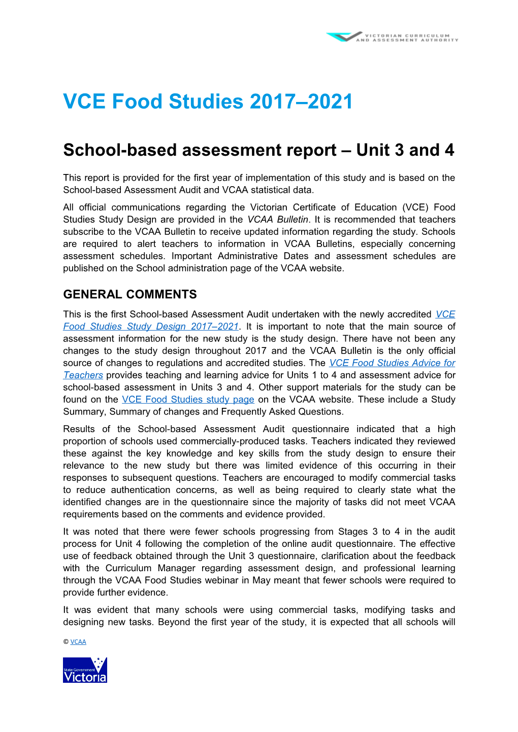 VCE Food Studies School-Based Assessment Report
