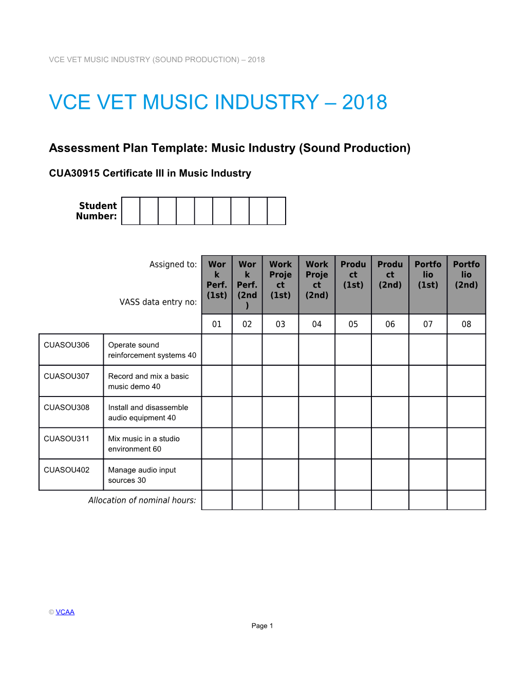 VCE VET Music Industry Sound Production - Assessment Plan Template and Sample