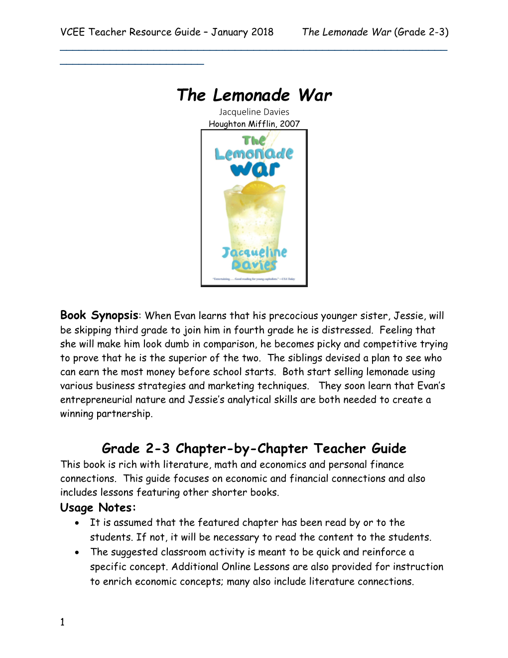 VCEE Teacher Resource Guide January 2018 the Lemonade War (Grade 2-3)