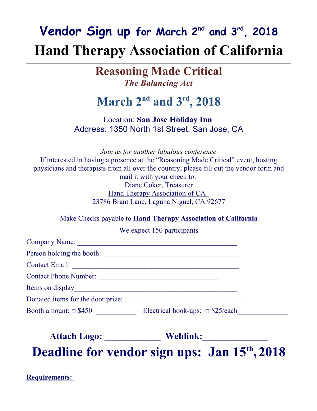 Vendor Sign up for March2nd and 3Rd, 2018