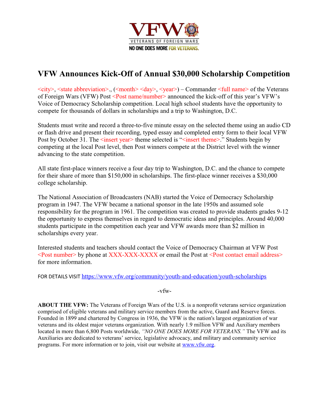 VFW Announces Kick-Off of Annual $30,000 Scholarship Competition