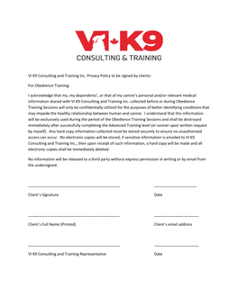 VI K9 Consulting and Training Inc. Privacy Policy to Be Signed by Clients