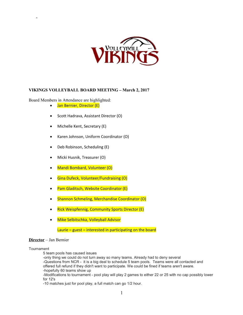 VIKINGS VOLLEYBALL BOARD MEETING March 2, 2017