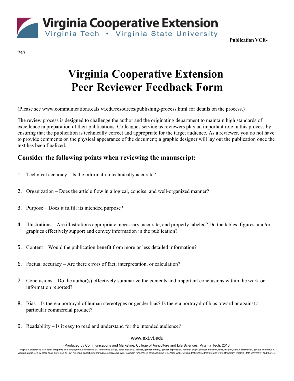 Virginia Cooperative Extension Peer Reviewer Feedback Form