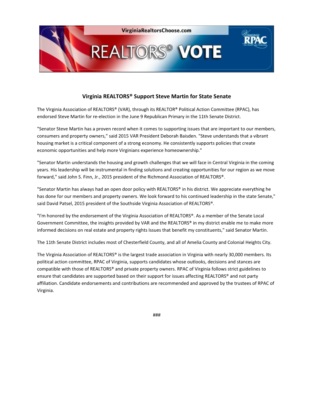 Virginia REALTORS Support Steve Martin for State Senate