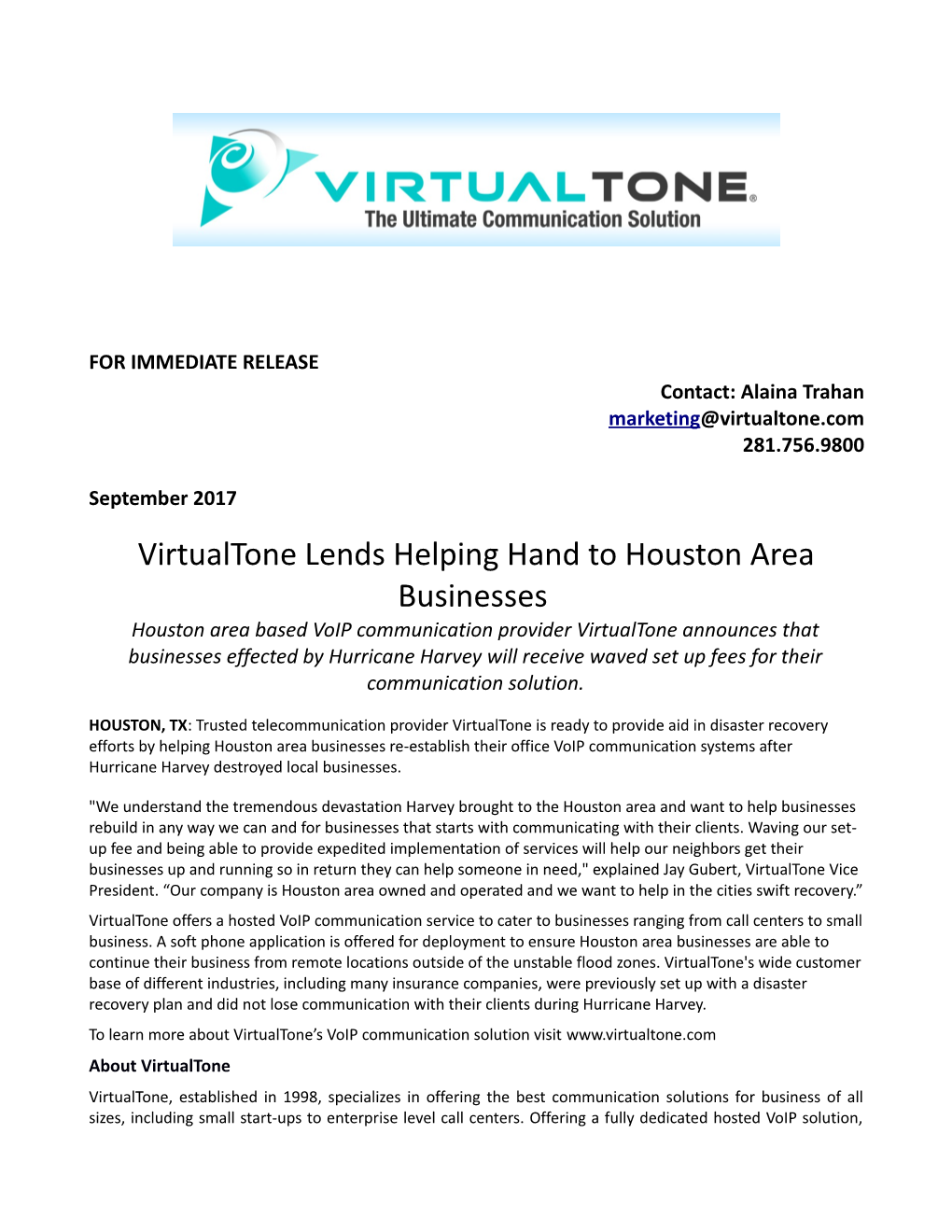 Virtualtone Lends Helping Hand to Houston Area Businesses