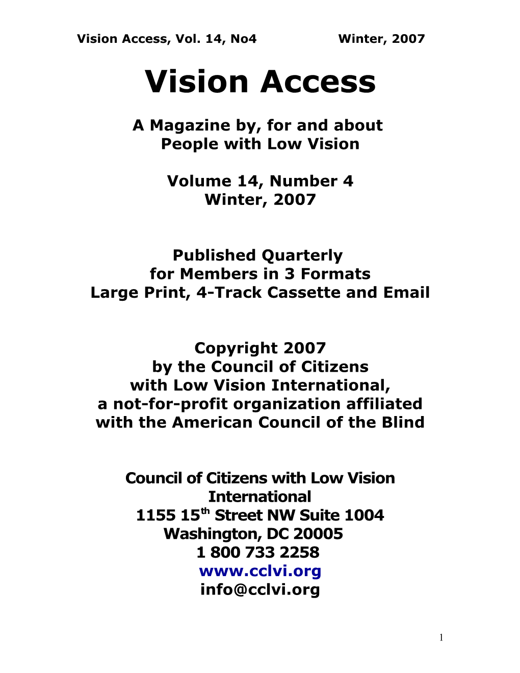 Vision Access, Vol. 14, No4 Winter, 2007