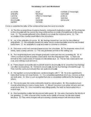 Vocabulary List 5 and Worksheet