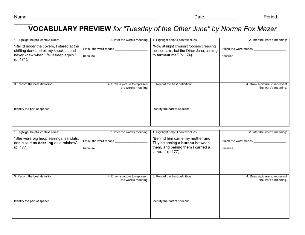VOCABULARY PREVIEW for Tuesday of the Other June by Norma Fox Mazer