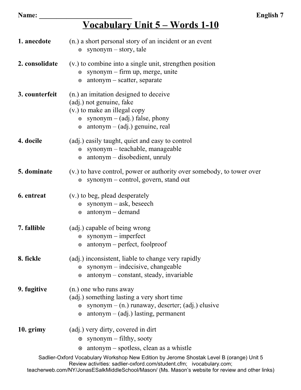 Vocabulary Unit 5 Words 1-10