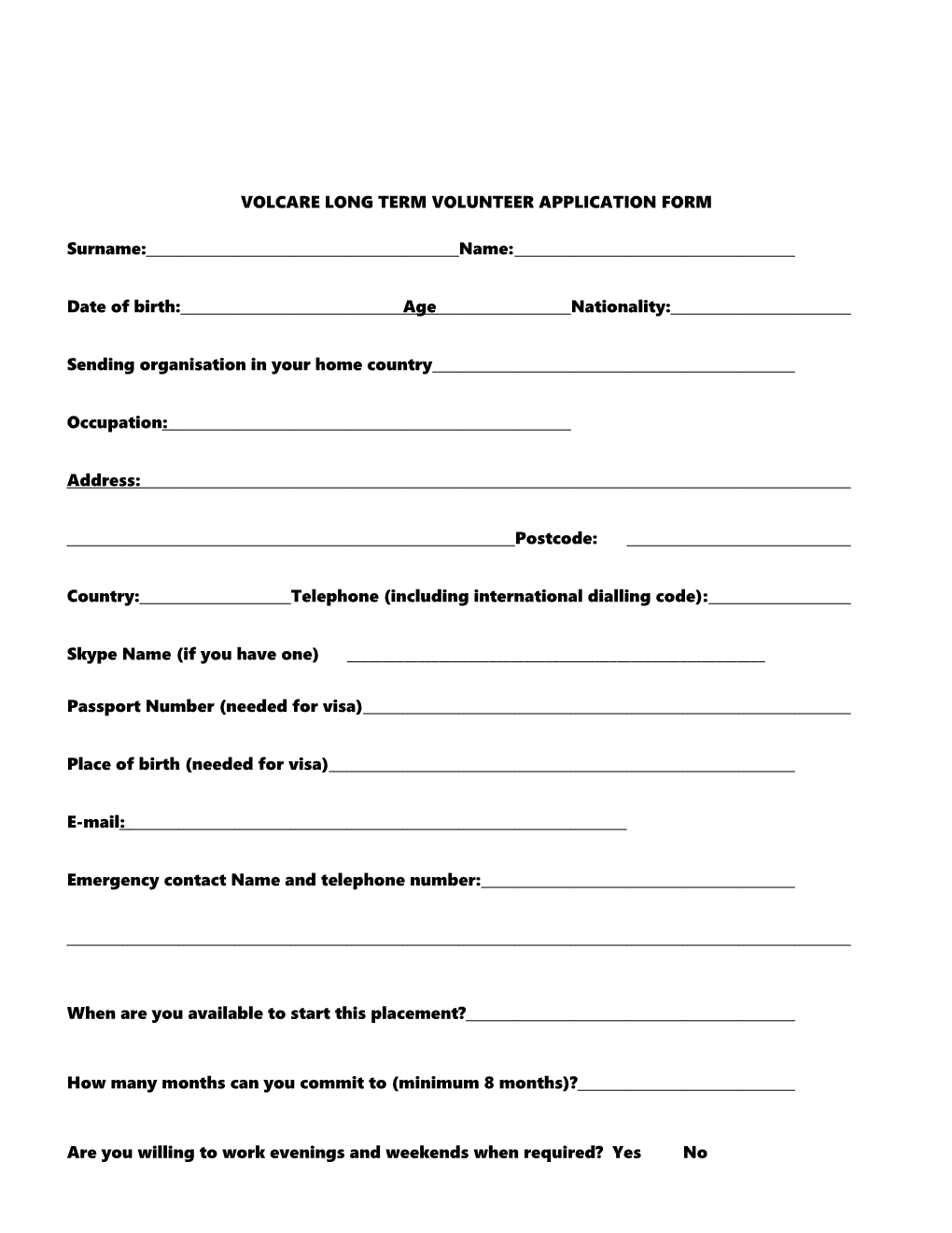 Volcare Long Term Volunteer Application Form