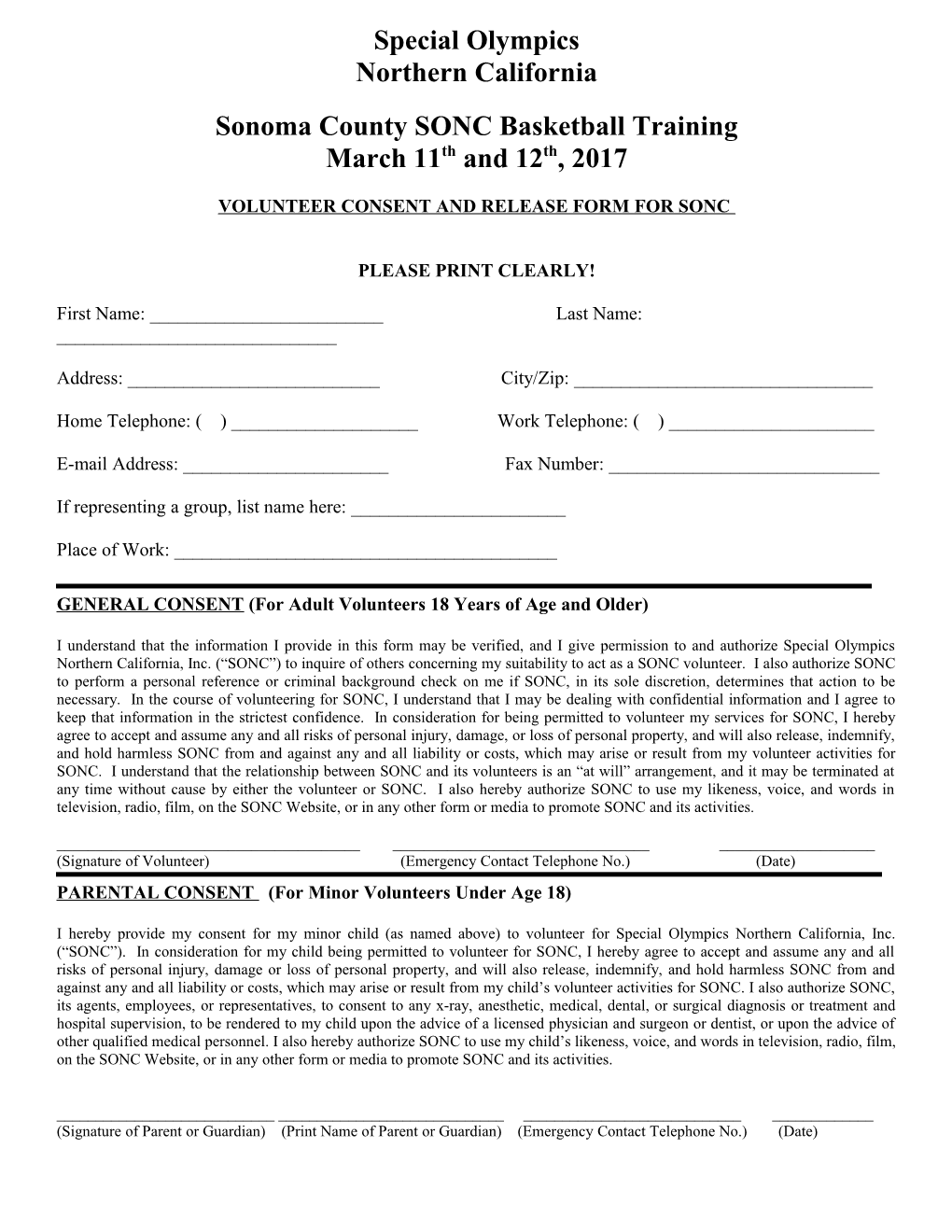 Volunteer Consent and Release Form for Sonc