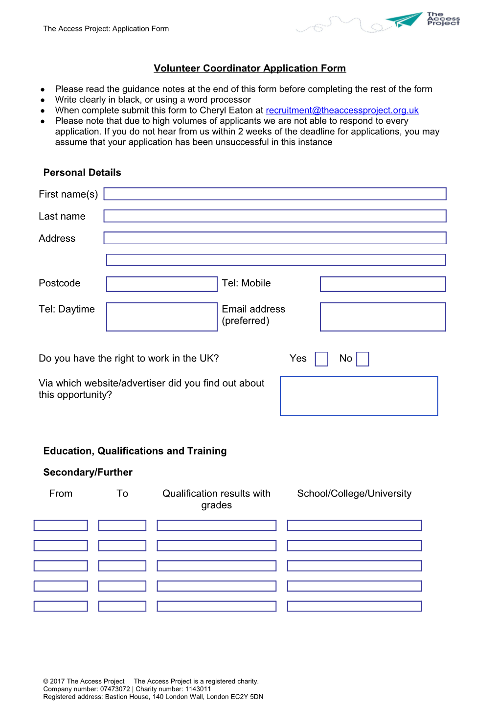 Volunteer Coordinator Application Form