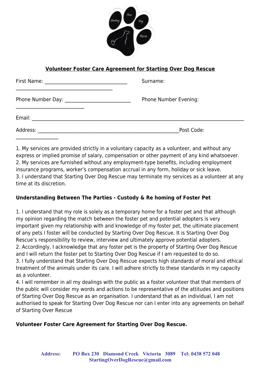 Volunteer Foster Care Agreement for Starting Over Dog Rescue