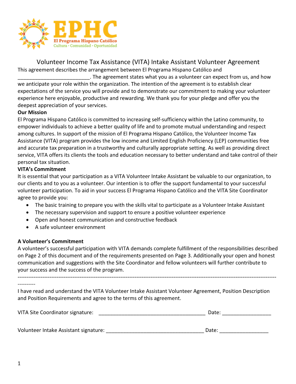 Volunteer Income Tax Assistance (VITA) Intake Assistantvolunteer Agreement
