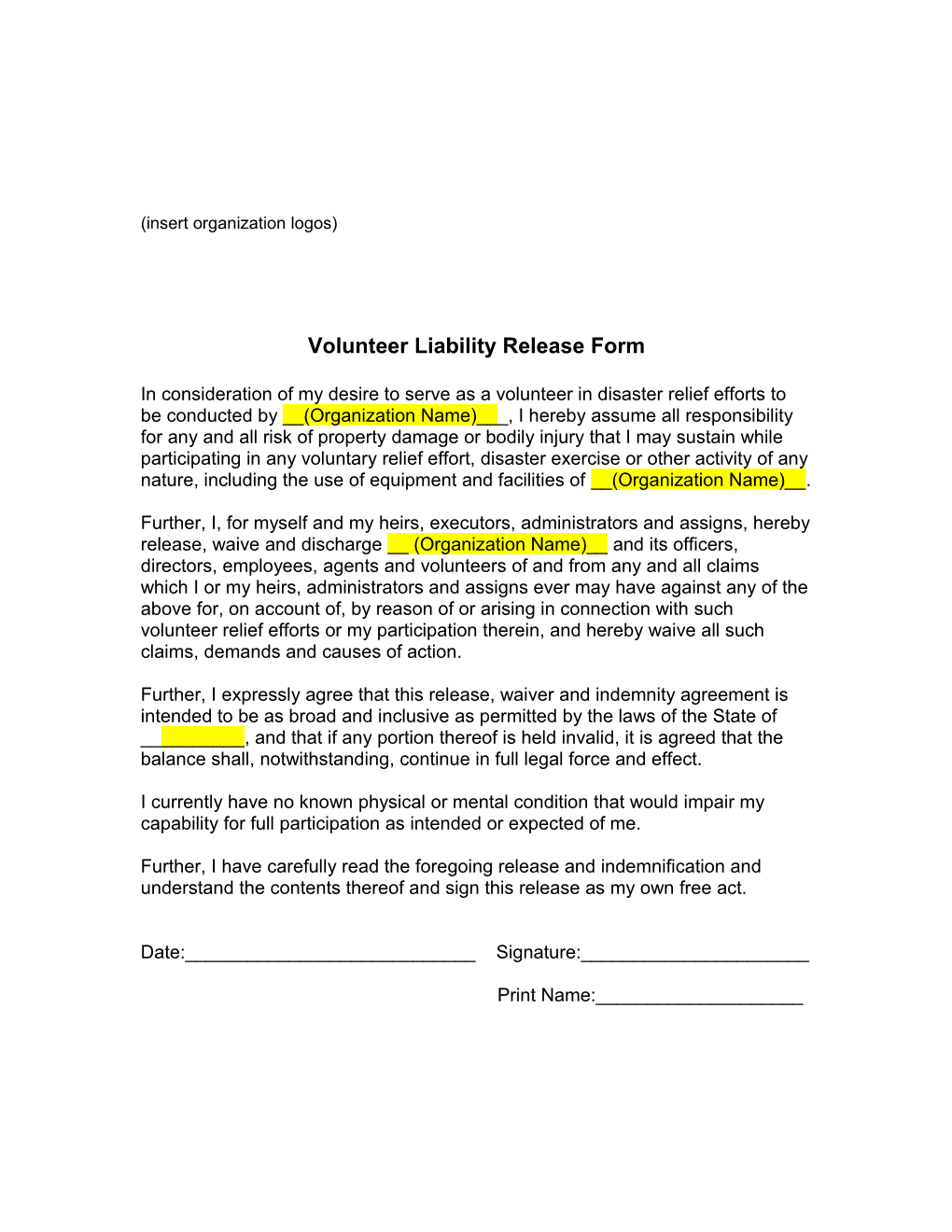 Volunteer Liability Release Form