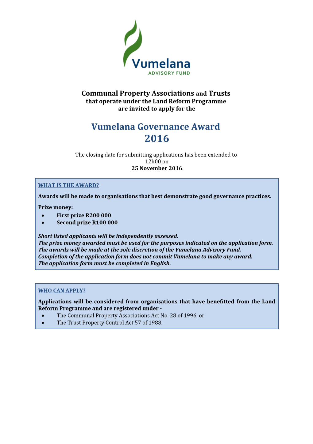 Vumelana Governance Award - Rewarding Excellence in Communal Property Institution Governance