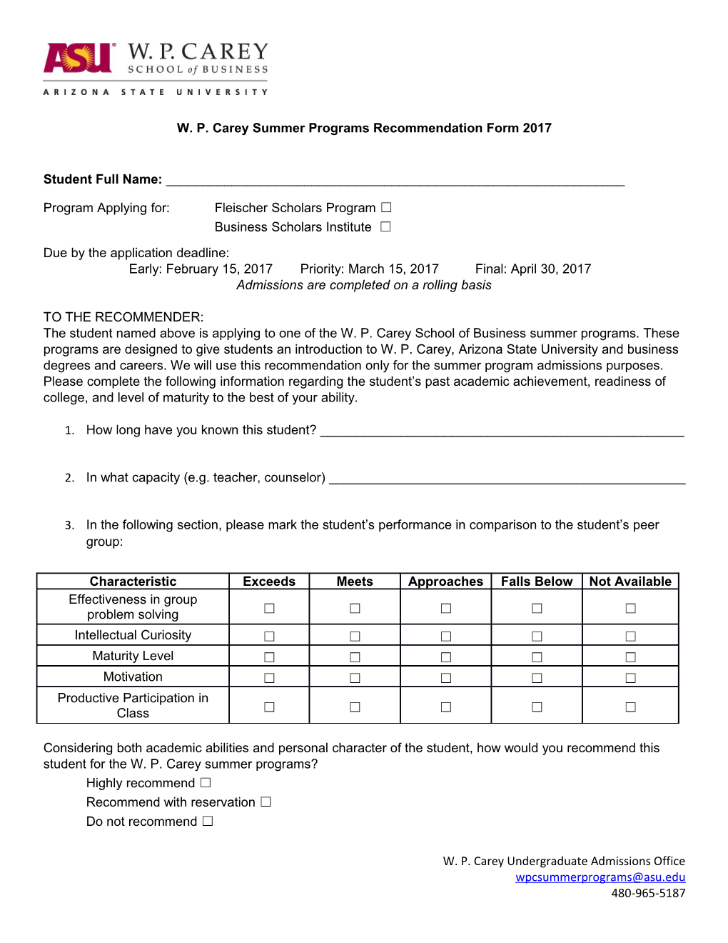 W. P. Carey Summer Programs Recommendation Form 2017