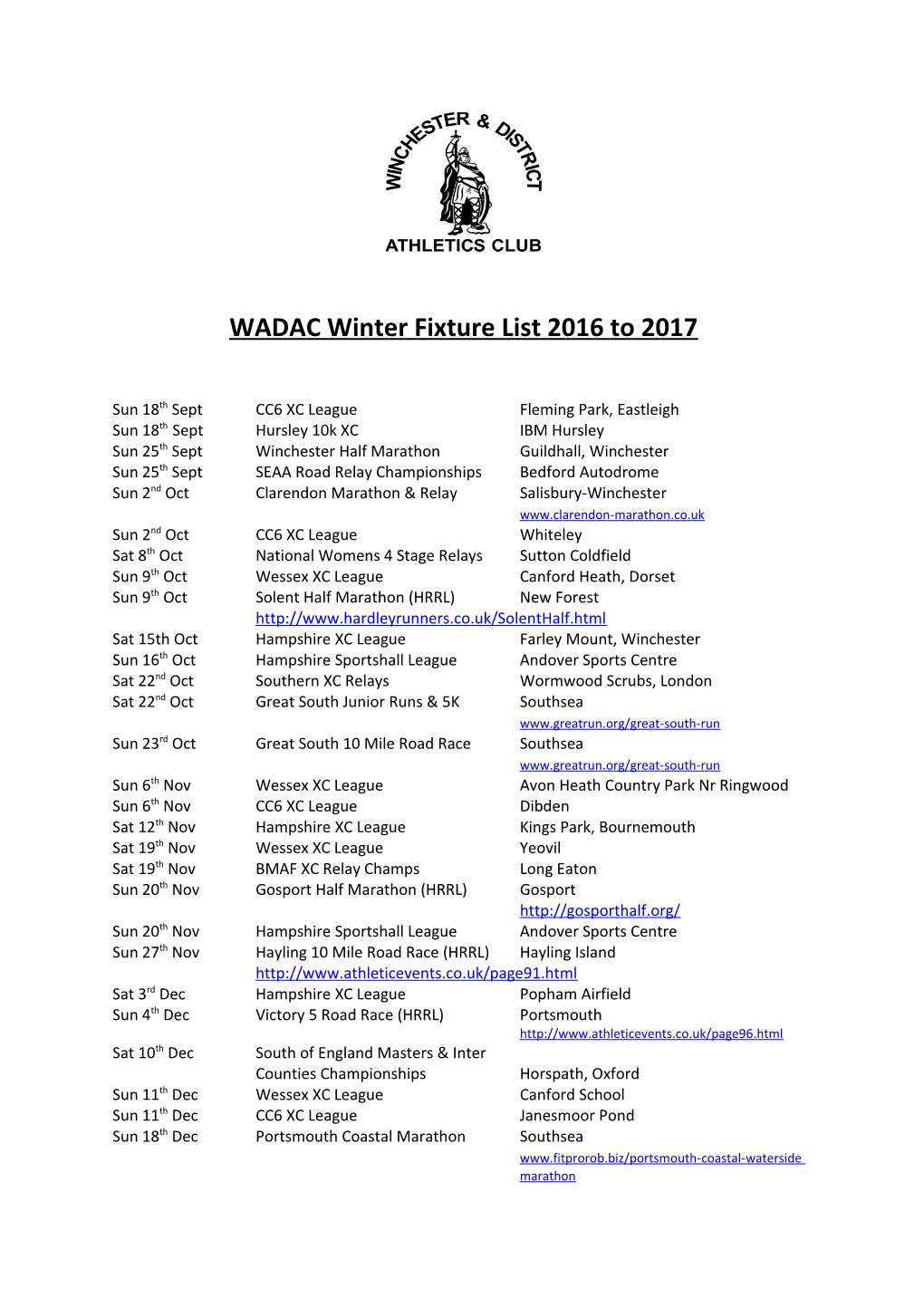 WADAC Winter Fixture List 2016 to 2017