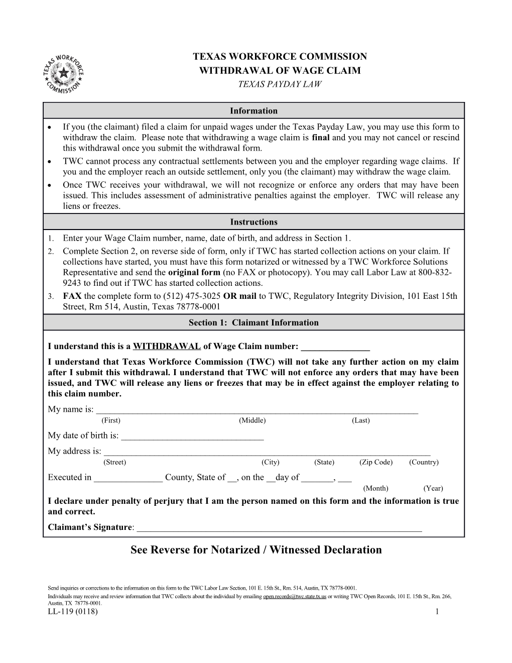 Wage Claim Withdrawal