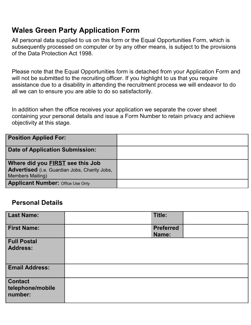 Wales Green Party Application Form