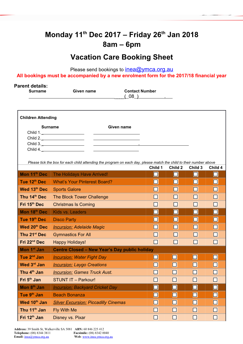 Walkerville YMCA Vacation Care Booking Sheet