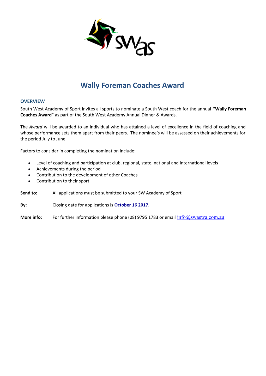 Wally Foreman Coaches Award