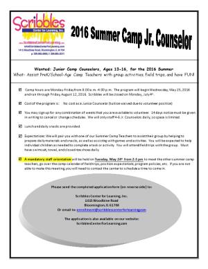 Wanted: Junior Camp Counselors, Ages 13-16, for the 2016Summer
