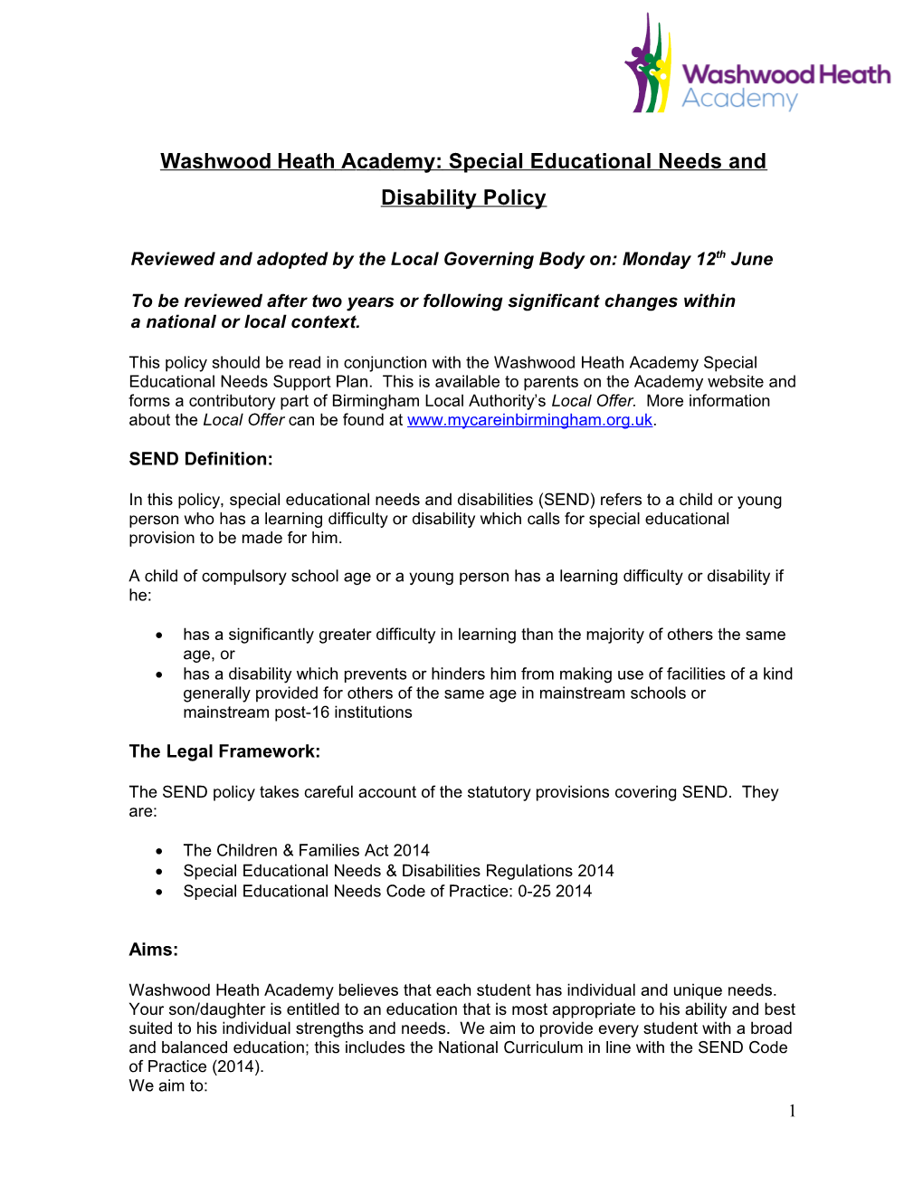 Washwood Heathacademy:Special Educational Needs and Disability Policy
