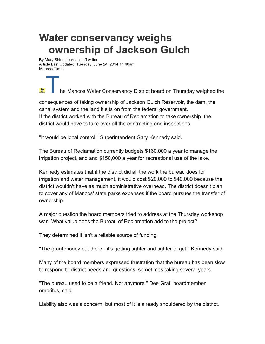 Water Conservancy Weighs Ownership of Jackson Gulch