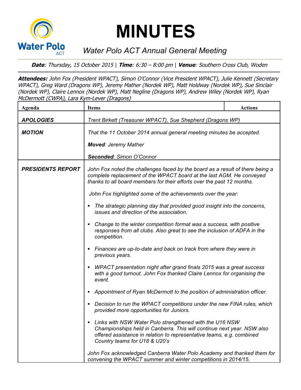 Water Polo ACT Annual General Meeting