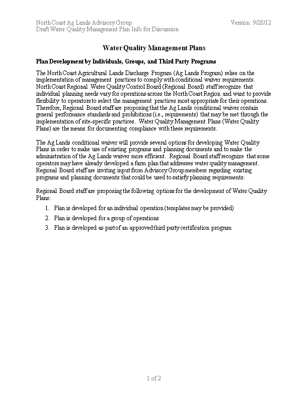 Water Quality Management Plans