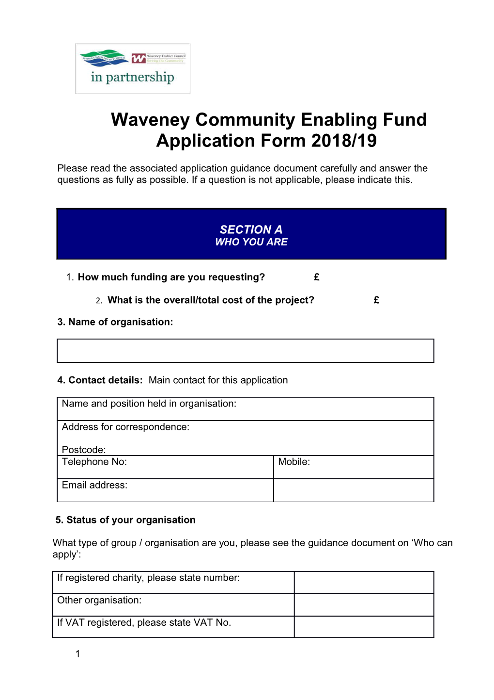 Waveney Community Enabling Fundapplication Form 2018/19