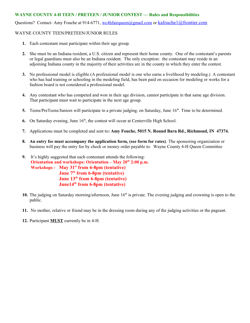 WAYNE COUNTY 4-H QUEEN CONTEST Rules and Responsibilities